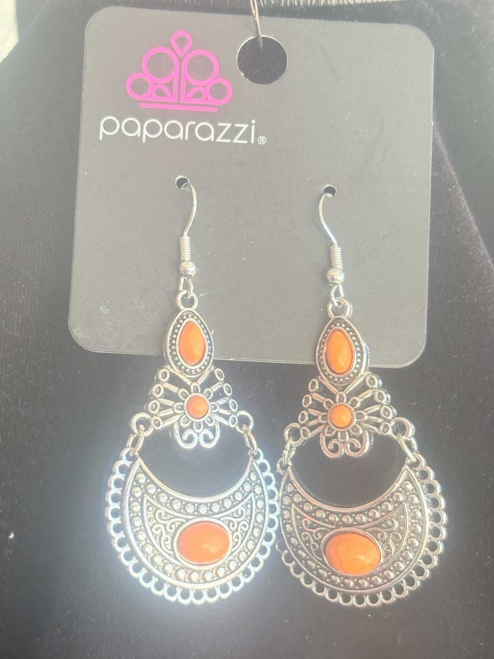 Paparazzi Silver Filigree Dangle Earrings with Orange Stone-B